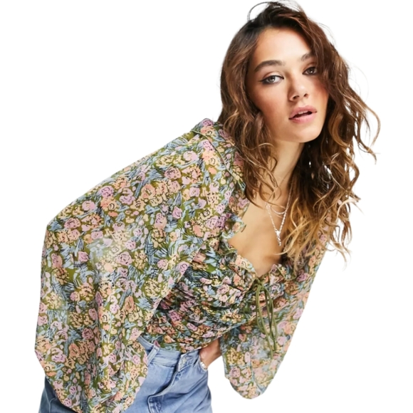 Free People Mabel printed volume sleeve blouse in multi - Picture 1 of 4